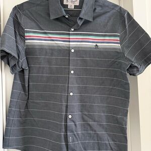 Original Penguin Charcoal Short Sleeve Button-Down Shirt with Stripe Accents